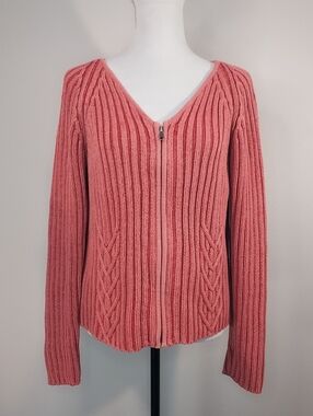 Cabela's Coral Pink Ribbed Zip-Up Cotton Sweater Size Medium